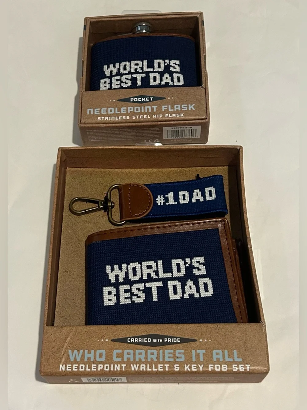 New Needlepoint Wallet ~ Key Fob ~ Flask ~ The Craftsman Co. “World’s Best Dad”